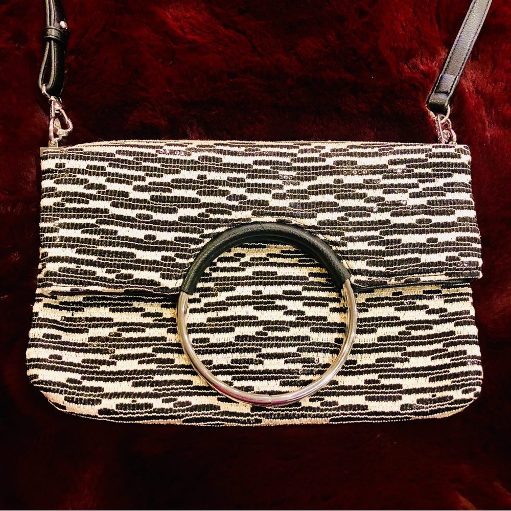 ENZO ANGIOLINI cool retro  bag. Full of sequins. Hoop handles folds in half EUC